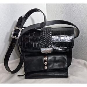 VTG Brighton Black Leather Embossed Leather Crossbody Organizer Bag With Wallet